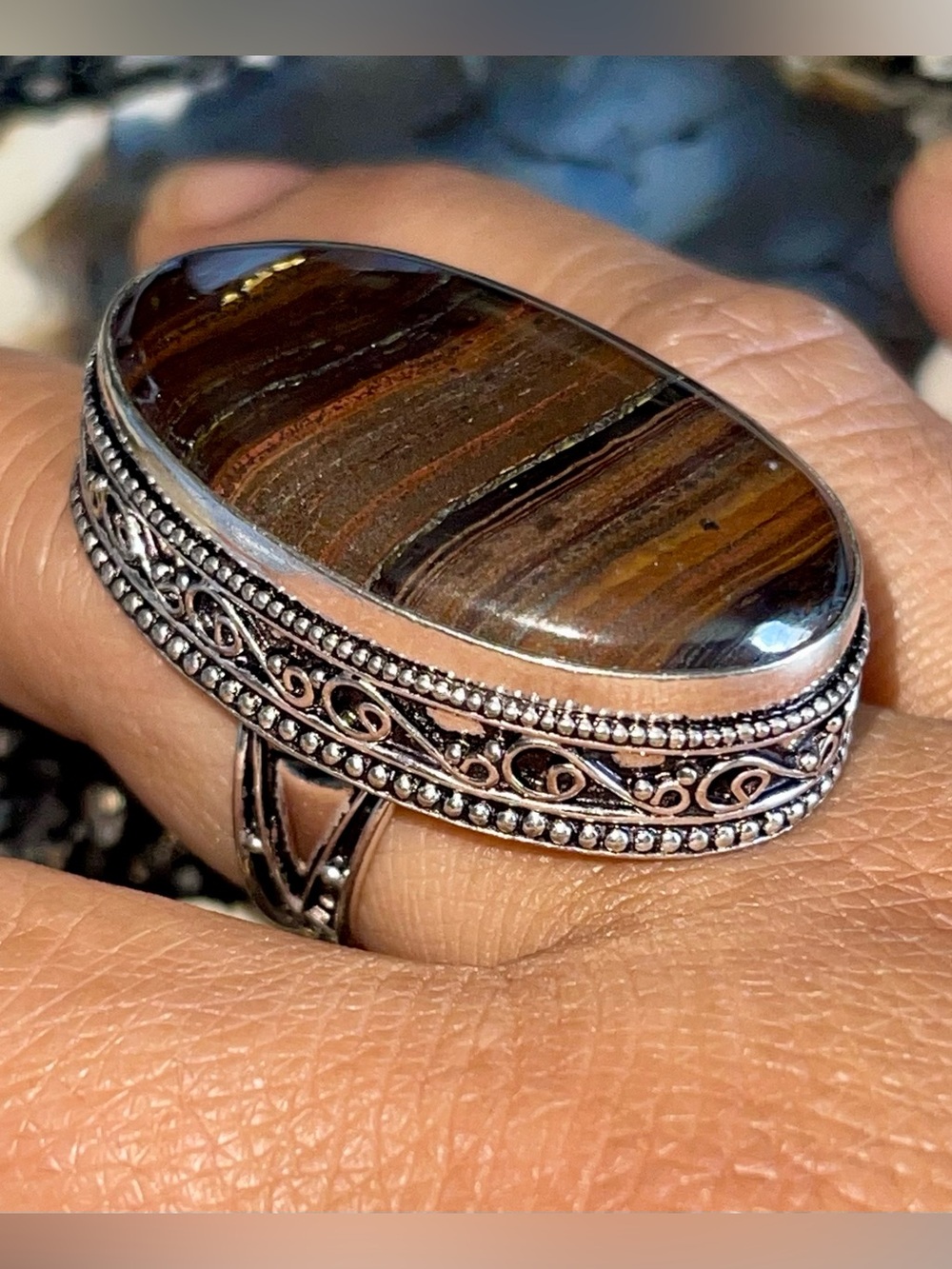 Dark Tiger Iron Eye Ring Size 9